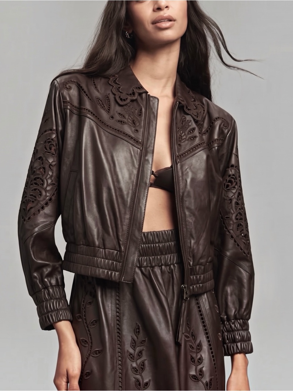 House of Harlow Women’s Brown Faux Leather Laser Cutout Cropped Bomber Jacket